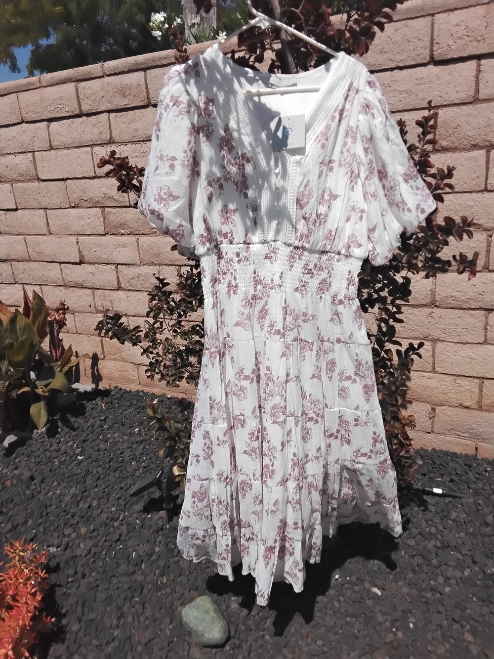 J GEE  White Floral Midi Dress with Pink Print - Women's Summer Dress NWT